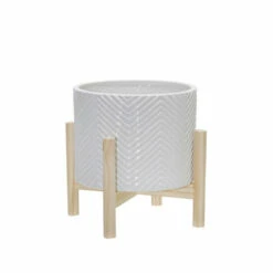 Outlet ✨ Sagebrook Home 8" Ceramic Chevron Planter With Wood Stand, White 9"H - 8.0" X 8.0" X 9.0" 🌟