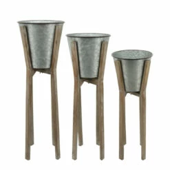 Outlet ✨ Sagebrook Home Metal Set Of 3 11, 12, 13" Round Planters With Wood Stand, 35.0"H - 13.0" X 13.0" X 35.0" ✨