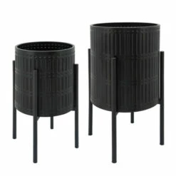 New ✔️ Sagebrook Home Set Of 2 Ridged Planters In Metal Stand, Black 23"H - 14.0" X 14.0" X 23.0" 👍