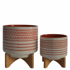Hot Sale ๐ Sagebrook Home Set Of 2 8,10" Aztec Planter With Wood Stand, Orange - 10" X 10" X 12" ๐ฏ