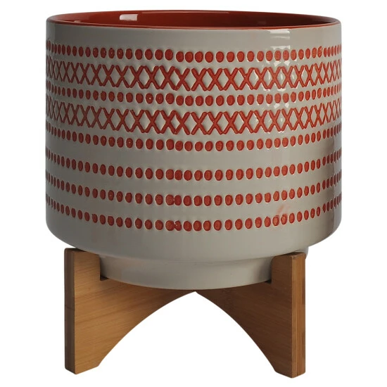 Hot Sale 👍 Sagebrook Home Set Of 2 8,10" Aztec Planter With Wood Stand, Orange - 10" X 10" X 12" 💯 4 Hot Sale 👍 Sagebrook Home Set Of 2 8,10" Aztec Planter With Wood Stand, Orange - 10" X 10" X 12" 💯 - Image 2