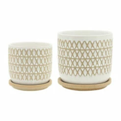 Promo ⭐ Sagebrook Home Set Of 2 5, 6" Criss, Cross Planter With Saucer, Beige - 6.0" X 6.0" X 6.0" 🌟