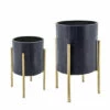 Coupon 🛒 Sagebrook Home Set Of 2 Textured Planter On Metal Stand, Navy, Gld 23"H - 14.0" X 14.0" X 23.0" ⌛