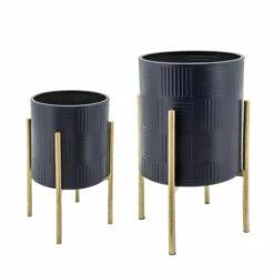 Coupon 🛒 Sagebrook Home Set Of 2 Textured Planter On Metal Stand, Navy, Gld 23"H - 14.0" X 14.0" X 23.0" ⌛