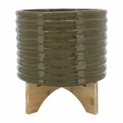 Flash Sale 😀 Sagebrook Home Ceramic 10" Textured Planter With Stand, Olive 8"H - 11.0" X 11.0" X 8.0" 🥰