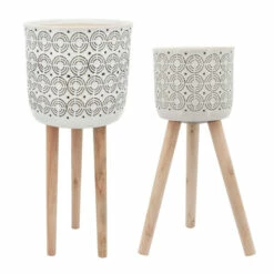 Promo 👍 Sagebrook Home Set Of 2 Ceramic, 8, 10" Circles Planter 3 Legs, Cream 22.0"H - 10.0" X 10.0" X 22.0" 🎁