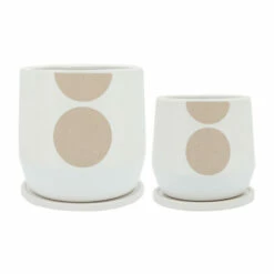 Best Pirce ✨ Sagebrook Home Ceramic Set Of 2 7, 10"d Circle Planters With Saucer, Tan 10.0"H - 10.0" X 10.0" X 10.0" 👏