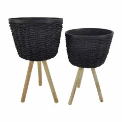 Coupon 💯 Sagebrook Home Woven, Set Of 2 20, 23"h Planters With Legs, Black 23.0"H - 13.0" X 13.0" X 23.0" ❤️