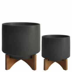 Best reviews of โญ Sagebrook Home Set Of 2 8, 10" Planter With Wood Stand, Matte Gray 12.0"H - 10.0" X 10.0" X 12.0" โ