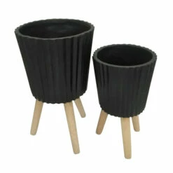 Outlet 💯 Sagebrook Home Set Of 2 10, 12" Ridged Planter With Wood Legs, Black 21.0"H - 12.0" X 12.0" X 21.0" 🥰