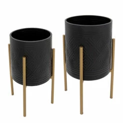 Promo 🔥 Sagebrook Home Set Of 2 Aztec Planter On Metal Stand, Black, Gold 23"H - 14.0" X 14.0" X 23.0" 🤩