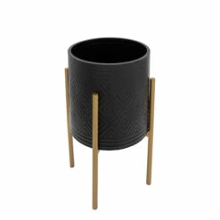 Promo 🔥 Sagebrook Home Set Of 2 Aztec Planter On Metal Stand, Black, Gold 23"H - 14.0" X 14.0" X 23.0" 🤩 -Sagebrook Home Online Shop unnamed file 212