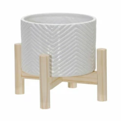 Discount 🥰 Sagebrook Home 6" Ceramic Chevron Planter With Wood Stand, White 7"H - 6.0" X 6.0" X 7.0" 💯
