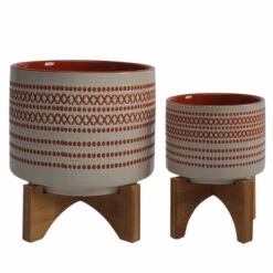 Hot Sale ๐ฅ Sagebrook Home Ceramic Set Of 2 5, 8" Aztec Planter On Wooden Stand, Or 11.0"H - 8.0" X 8.0" X 11.0" ๐