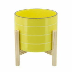 Best Sale โ๏ธ Sagebrook Home 8" Striped Planter With Wood Stand, Yellow 9.0"H - 8.0" X 8.0" X 9.0" ๐