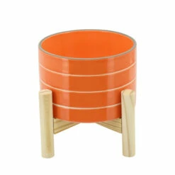 Hot Sale ✔️ Sagebrook Home 6" Striped Planter With Wood Stand, Orange 4"H - 6.0" X 6.0" X 4.0" ⌛