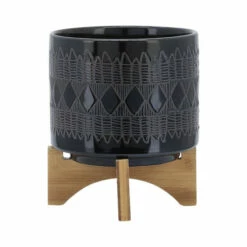 Coupon 🎉 Sagebrook Home Ceramic Set Of 2 8, 10" Aztec Planter On Wooden Stand,black 12.0"H - 10.0" X 10.0" X 12.0" 🎁 -Sagebrook Home Online Shop unnamed file 2387