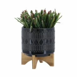 Coupon 🎉 Sagebrook Home Ceramic Set Of 2 8, 10" Aztec Planter On Wooden Stand,black 12.0"H - 10.0" X 10.0" X 12.0" 🎁 -Sagebrook Home Online Shop unnamed file 2388