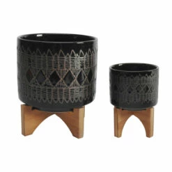Best deal 😉 Sagebrook Home Ceramic Set Of 2 5, 8" Aztec Planter On Wooden Stand, Black 10.5"H - 7.75" X 7.75" X 10.5" 🎉