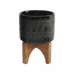 Best deal 😉 Sagebrook Home Ceramic Set Of 2 5, 8" Aztec Planter On Wooden Stand, Black 10.5"H - 7.75" X 7.75" X 10.5" 🎉 -Sagebrook Home Online Shop unnamed file 2454