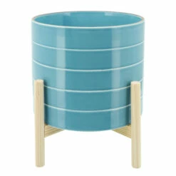 Outlet โค๏ธ Sagebrook Home 10" Striped Planter With Wood Stand, Skyblue 8"H - 10.0" X 10.0" X 8.0" ๐
