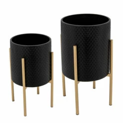 Best Pirce 🛒 Sagebrook Home Set Of 2 Textured Planter On Metalstand, Black, Gld 23"H - 14.0" X 14.0" X 23.0" ⭐