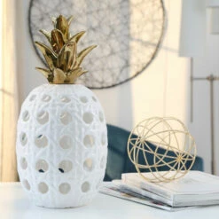 Wholesale โจ Sagebrook Home Ceramic 16" Lattice Weave Pineapple, White , Gold 16"H - 8.0" X 8.0" X 16.0" โค๏ธ