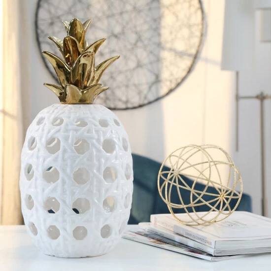 Wholesale ✨ Sagebrook Home Ceramic 16" Lattice Weave Pineapple, White , Gold 16"H - 8.0" X 8.0" X 16.0" ❤️ 3 Wholesale ✨ Sagebrook Home Ceramic 16" Lattice Weave Pineapple, White , Gold 16"H - 8.0" X 8.0" X 16.0" ❤️