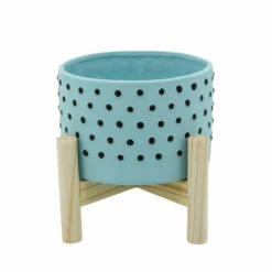 Cheap 🛒 Sagebrook Home 6" Dotted Planter With Wood Stand, Blue 4.0"H - 6.0" X 6.0" X 4.0" 👍