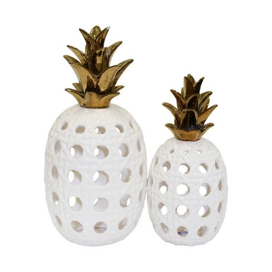 Wholesale ✨ Sagebrook Home Ceramic 16" Lattice Weave Pineapple, White , Gold 16"H - 8.0" X 8.0" X 16.0" ❤️ 5 Wholesale ✨ Sagebrook Home Ceramic 16" Lattice Weave Pineapple, White , Gold 16"H - 8.0" X 8.0" X 16.0" ❤️ - Image 3