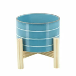 Best deal 🎁 Sagebrook Home 6" Striped Planter With Wood Stand, Skyblue 4"H - 6.0" X 6.0" X 4.0" 💯