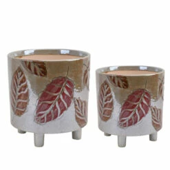 Flash Sale 😀 Sagebrook Home Ceramic Set Of 2 Footed Planters 9, 6", Embossed Leaves, Gl 9"H - 8.0" X 8.0" X 9.0" 🔥