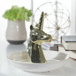 Outlet 💯 Sagebrook Home Ceramic 6" Unicorn Ring Holder, White, Gold 5.0"H - 6.0" X 6.0" X 5.0" ⌛