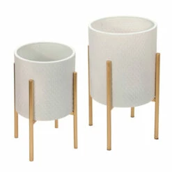 Best Sale 🎁 Sagebrook Home Set Of 2 Textured Planter On Metal Stand, White, Gold 23"H - 14.0" X 14.0" X 23.0" 👍 -Sagebrook Home Online Shop unnamed file 2720