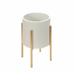Best Sale 🎁 Sagebrook Home Set Of 2 Textured Planter On Metal Stand, White, Gold 23"H - 14.0" X 14.0" X 23.0" 👍 -Sagebrook Home Online Shop unnamed file 2722