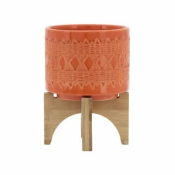 Best Sale 🎁 Sagebrook Home Ceramic 5" Aztec Planter On Wooden Stand, Orange 6.0"H - 5.0" X 5.0" X 6.0" ✨ -Sagebrook Home Online Shop unnamed file 278
