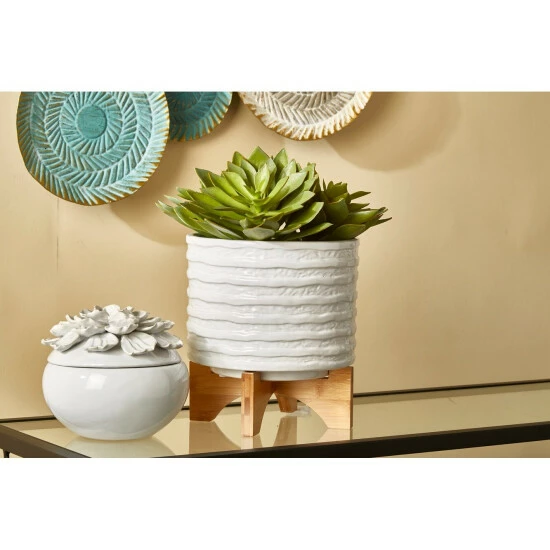 Outlet ๐ Sagebrook Home Ceramic 8" Planter On Stand, White Stripe 9.0"H - 8.0" X 8.0" X 9.0" ๐ 3 Outlet ๐ Sagebrook Home Ceramic 8" Planter On Stand, White Stripe 9.0"H - 8.0" X 8.0" X 9.0" ๐
