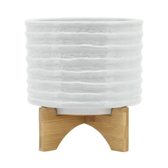 Outlet ๐ Sagebrook Home Ceramic 8" Planter On Stand, White Stripe 9.0"H - 8.0" X 8.0" X 9.0" ๐ 4 Outlet ๐ Sagebrook Home Ceramic 8" Planter On Stand, White Stripe 9.0"H - 8.0" X 8.0" X 9.0" ๐ - Image 2
