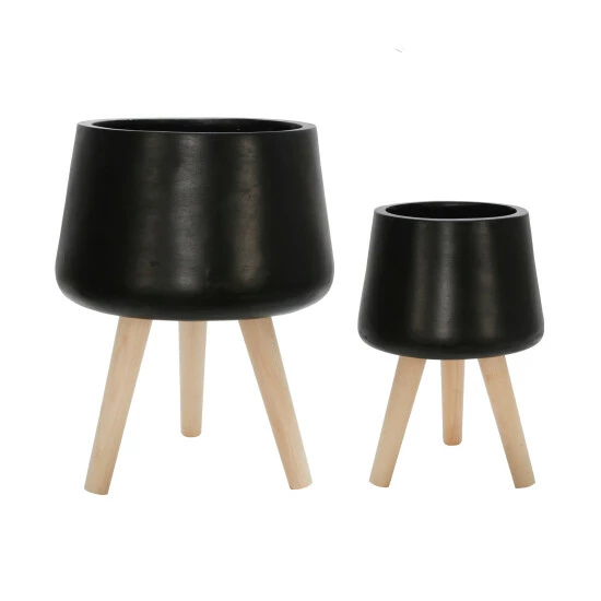Promo ❤️ Sagebrook Home Set Of 2 11, 15" Planter With Wood Legs, Matte Black 19"H - 15.0" X 15.0" X 19.0" ❤️ 4 Promo ❤️ Sagebrook Home Set Of 2 11, 15" Planter With Wood Legs, Matte Black 19"H - 15.0" X 15.0" X 19.0" ❤️ - Image 2