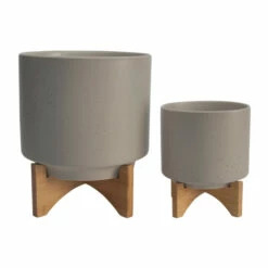 Best deal 😀 Sagebrook Home Ceramic Set Of 2 8, 10" Planter With Wood Stand, Matte Beige 12.0"H - 10.0" X 10.0" X 12.0" 👏