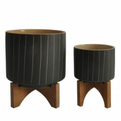 Discount 🔥 Sagebrook Home Ceramic Set Of 2 5, 8" Stripes Planter With Stand, Gray 11.0"H - 8.0" X 8.0" X 11.0" 😀