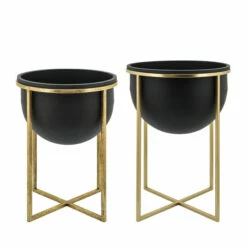 Hot Sale ๐ฅฐ Sagebrook Home Metal Set Of 2 11, 12" Planters With Stand, Blk, Gold 19"H - 13.0" X 13.0" X 19.0" โ๏ธ