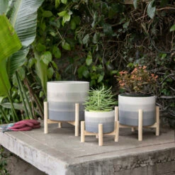 Promo โ๏ธ Sagebrook Home 12" Ceramic Planter With Wood Stand, Beige Mix 12"H - 10.0" X 10.0" X 12.0" ๐ฅฐ