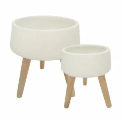 Promo 🧨 Sagebrook Home Set Of 2 11, 15" Terrazzo Planter With Wood Legs, White 8"H - 15.0" X 15.0" X 8.0" ✨