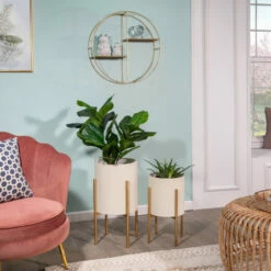 Best Pirce 😉 Sagebrook Home Set Of 2 Diamond Planter On Metal Stand, White, Gld 23"H - 14.0" X 14.0" X 23.0" 🎁