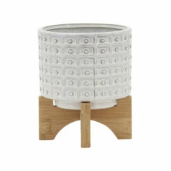 Best Pirce 🥰 Sagebrook Home Ceramic 5" Dotted Planter Withwood Stand, Ivory 5.0"H - 6.0" X 6.0" X 5.0" 👏 -Sagebrook Home Online Shop unnamed file 3410