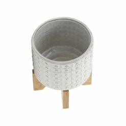 Best Pirce 🥰 Sagebrook Home Ceramic 5" Dotted Planter Withwood Stand, Ivory 5.0"H - 6.0" X 6.0" X 5.0" 👏 -Sagebrook Home Online Shop unnamed file 3412