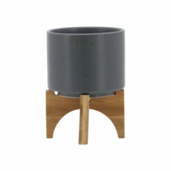 Hot Sale ⌛ Sagebrook Home 5" Planter With Wood Stand, Matte Gray 7.0"H - 5.0" X 5.0" X 7.0" 🌟 -Sagebrook Home Online Shop unnamed file 3561