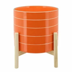 Brand new 🔥 Sagebrook Home 10" Striped Planter With Wood Stand, Orange 8.0"H - 10.0" X 10.0" X 8.0" 🎉