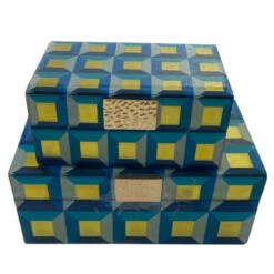 Best Pirce 🔥 Sagebrook Home Wood, Set Of 2 6, 8" Checkered Boxes, Blue, Gold 3"H - 8.0" X 4.0" X 3.0" 🥰